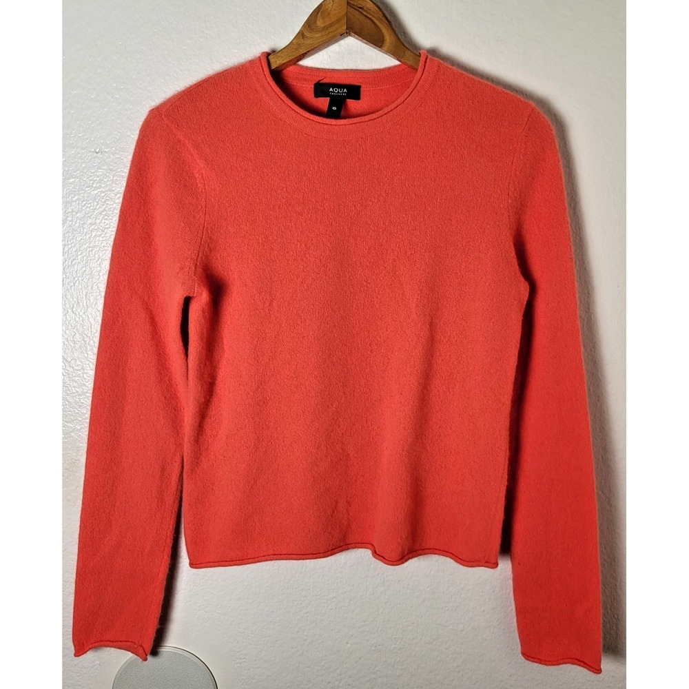 Aqua 100% Cashmere Crew Neck Long Sleeve Pullover Sweater Sz S Orange Luxury